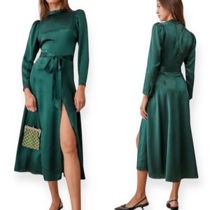Reformation Emerald Green Julius Silk Long Puff Sleeve Midi Dres Sz. 0​